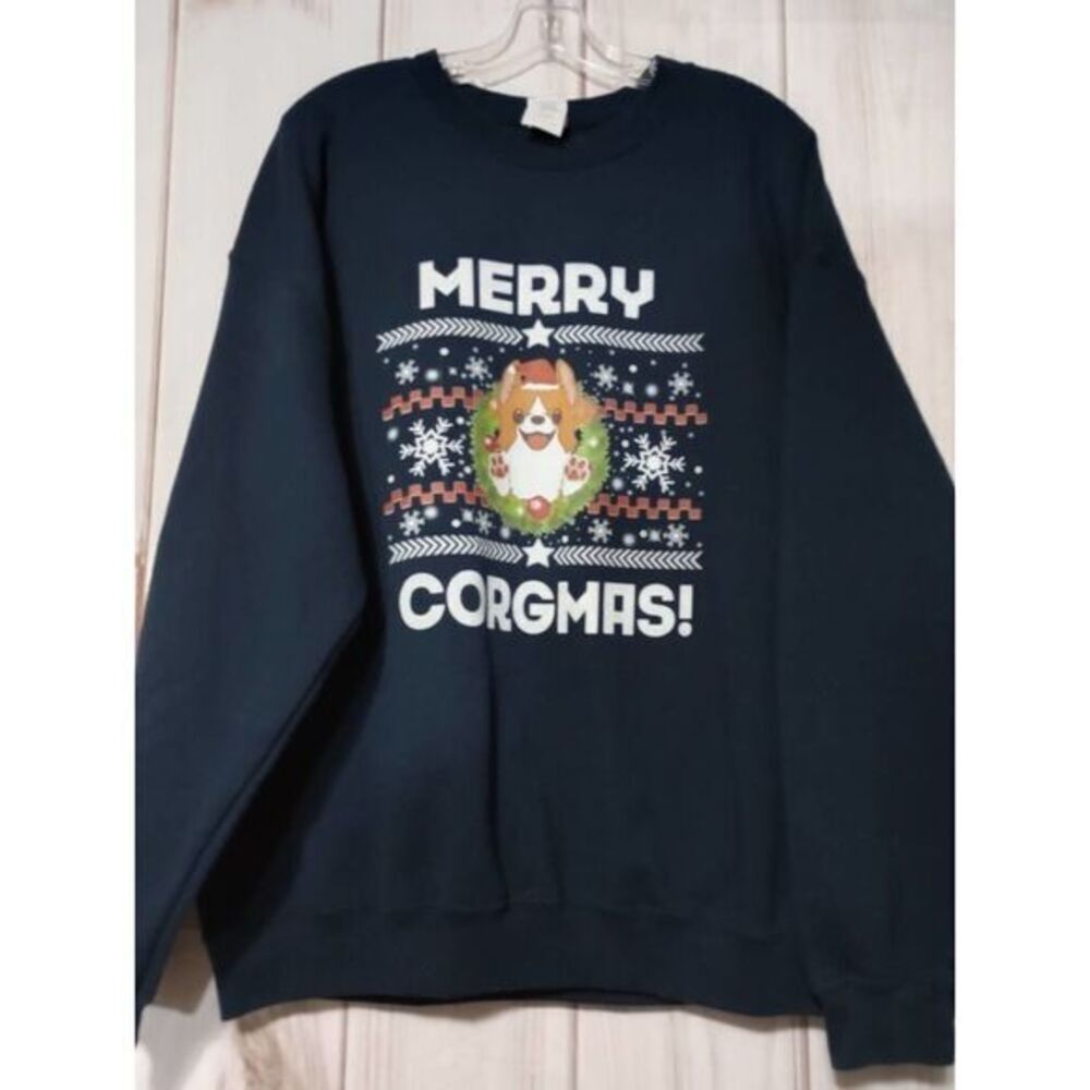 Gildan Heavy Blend Merry Corgmas Navy Blue Holiday Sweatshirt Corgi Dog XL